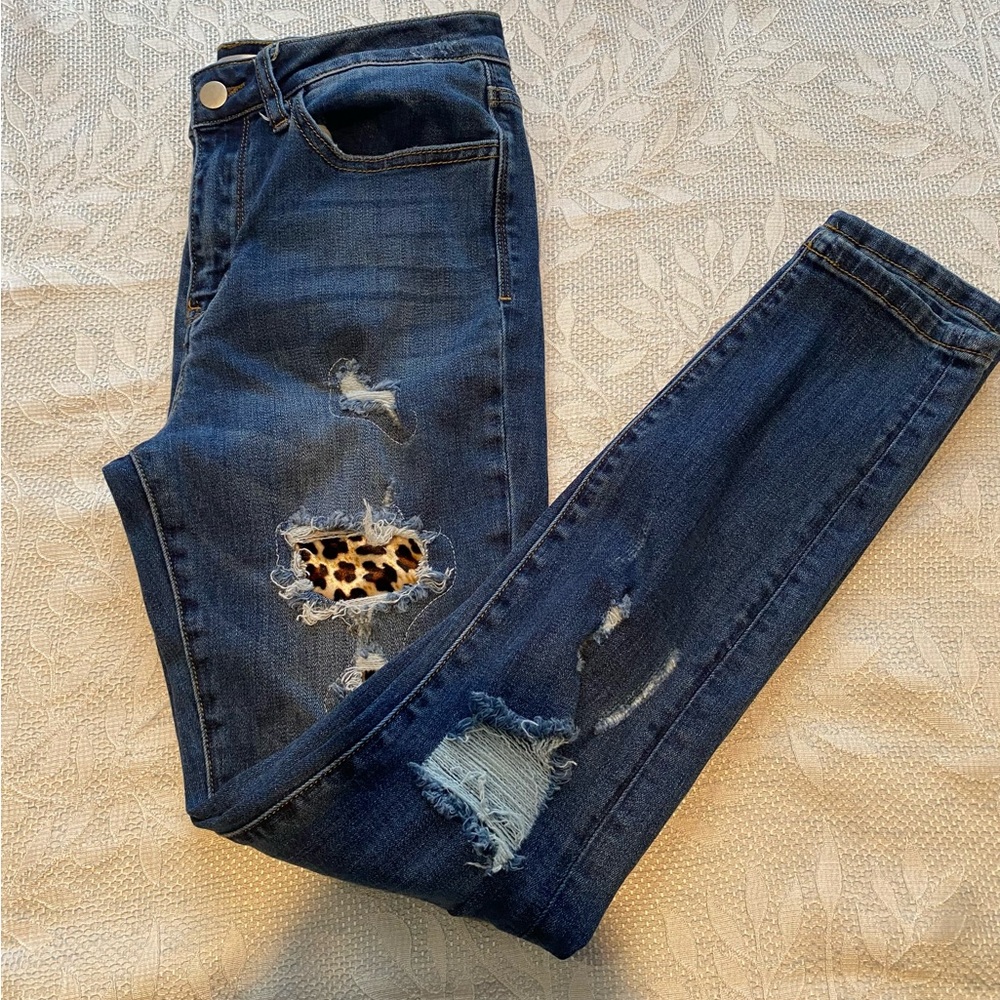 Dark Blue Skinny Jeans with Leopard Patch Detail